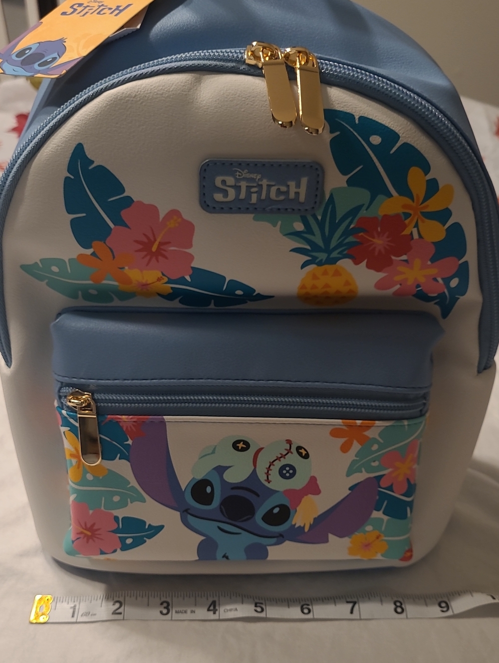 Disney Stitch Tropical Mini Backpack in Blue & White with Gold Accents